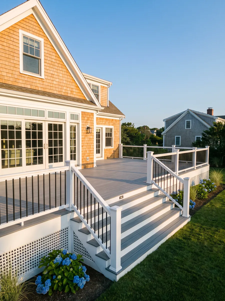 Large finished composite deck with white railings, black balusters and a wide staircase behind a cedar shingle home