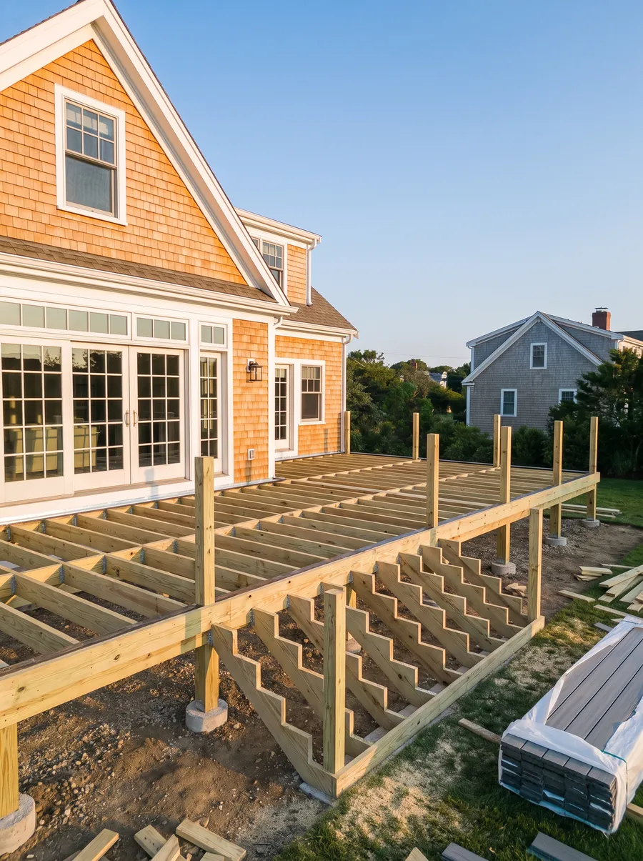 The same deck at the framing stage: ledger, posts on footings, beams, joists and stair stringers